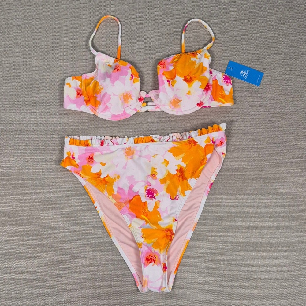 Cupshe Floral Bikini Set Pink Orange High Waisted Push Up Ruffle New L